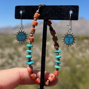 925 Silver Turquoise Coral Heishi Bracelet/925 Sun Earrings